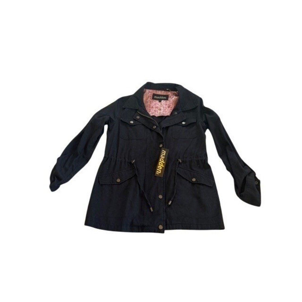 Madden NYC Womens Black Utility Anorak Jacket Drawstring Waist Military Sz S NWT